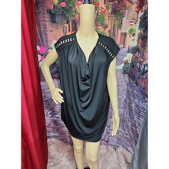 Carmen Marc Valvo Top 3X Womens Black Sleeveless Tunic With Chain Accents EUC - Picture 3 of 10